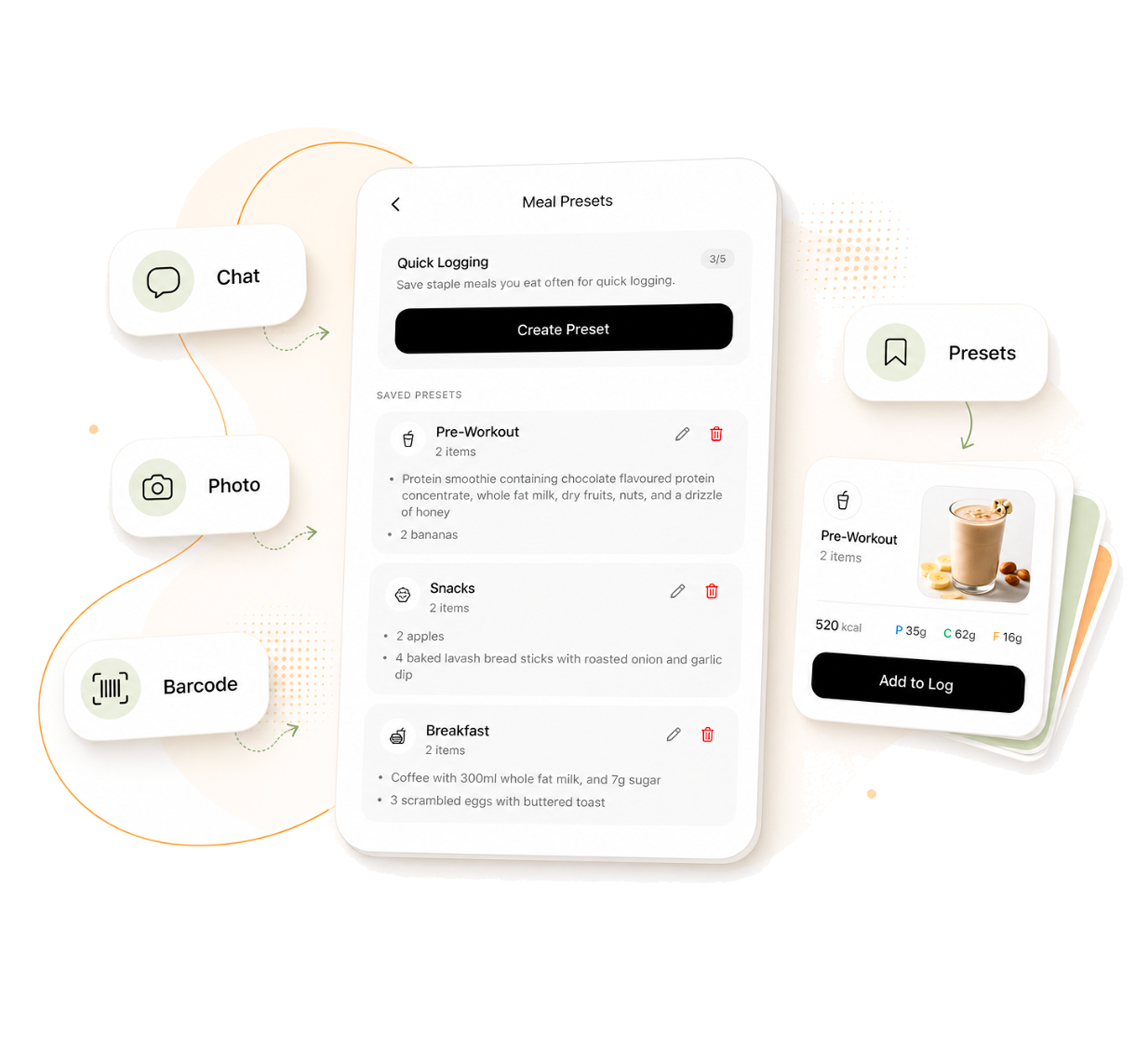 Palorie landing page mockup showing the calorie tracking workflow